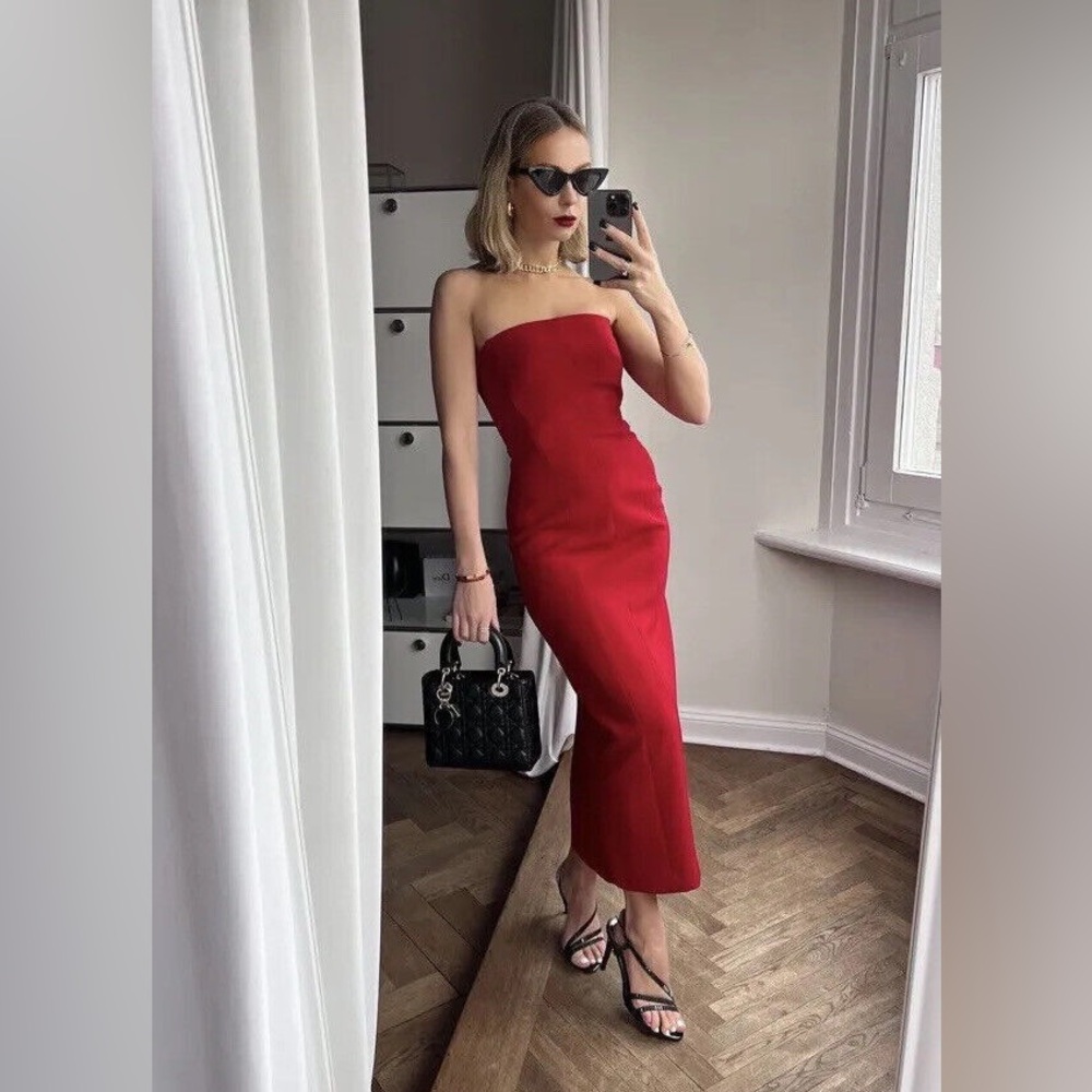 ZARA Red Midi Sheath Dress Strapless 2654/465 Size Medium